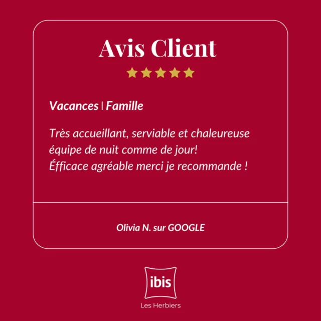 🙏 Merci pour vos avis précieux ! 🌟

Votre satisfaction est notre plus belle récompense ! Chaque retour nous motive à offrir le meilleur service possible. 💙 Merci de faire partie de notre aventure et à très bientôt pour un nouveau séjour inoubliable ! ✨

#Merci #AvisClients #Hospitalité #expérienceinoubliable 
https://www.hotel-lesherbiers.com/
#hotelibislesherbiers #hotel #ibis #lesherbiers